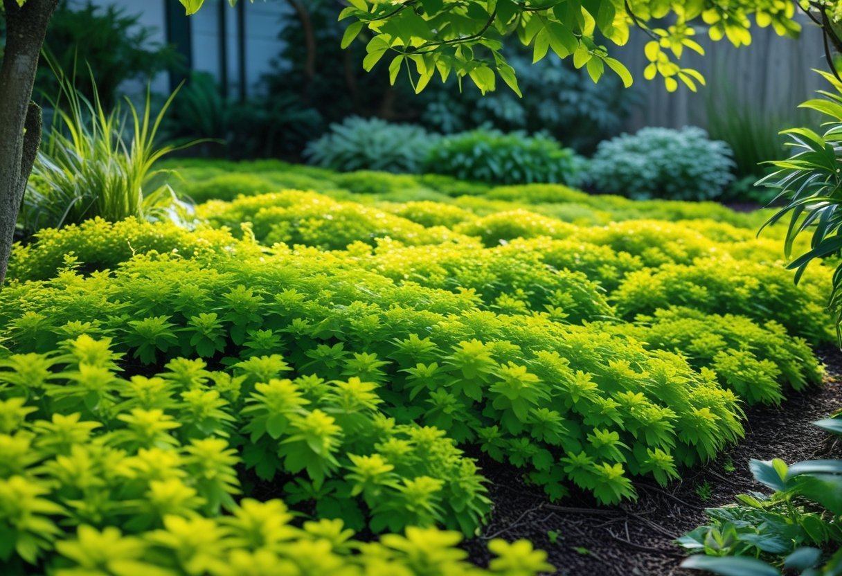 Dense golden-yellow Creeping Jenny plants covering the shaded garden floor surrounded by green foliage.