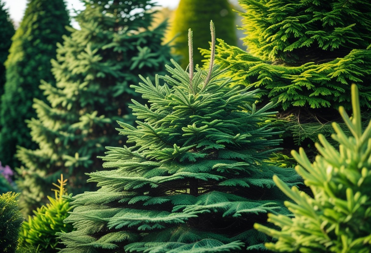 A garden with multiple layers of evergreen trees and shrubs in various shades of green.