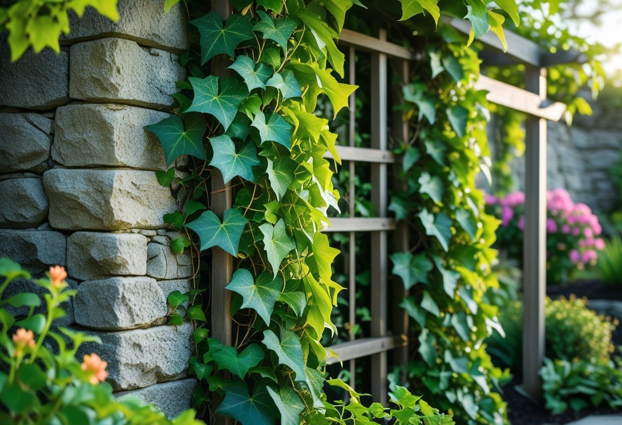 Climbing green ivy growing on stone walls and wooden trellises in a vibrant garden setting.