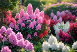 A garden filled with blooming azaleas in pink, red, and white surrounded by green foliage under natural sunlight.