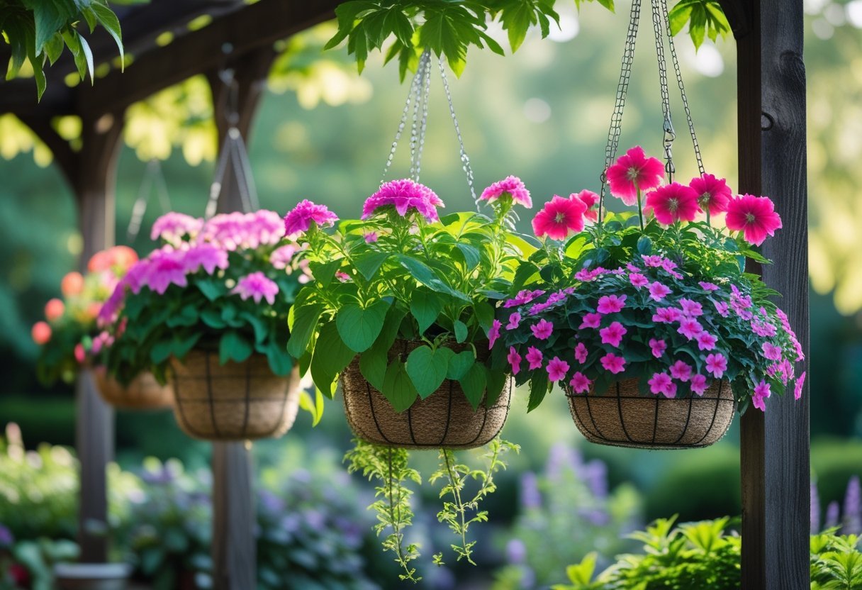 Several hanging baskets filled with colorful shade-tolerant flowering plants in a green garden under soft natural light.