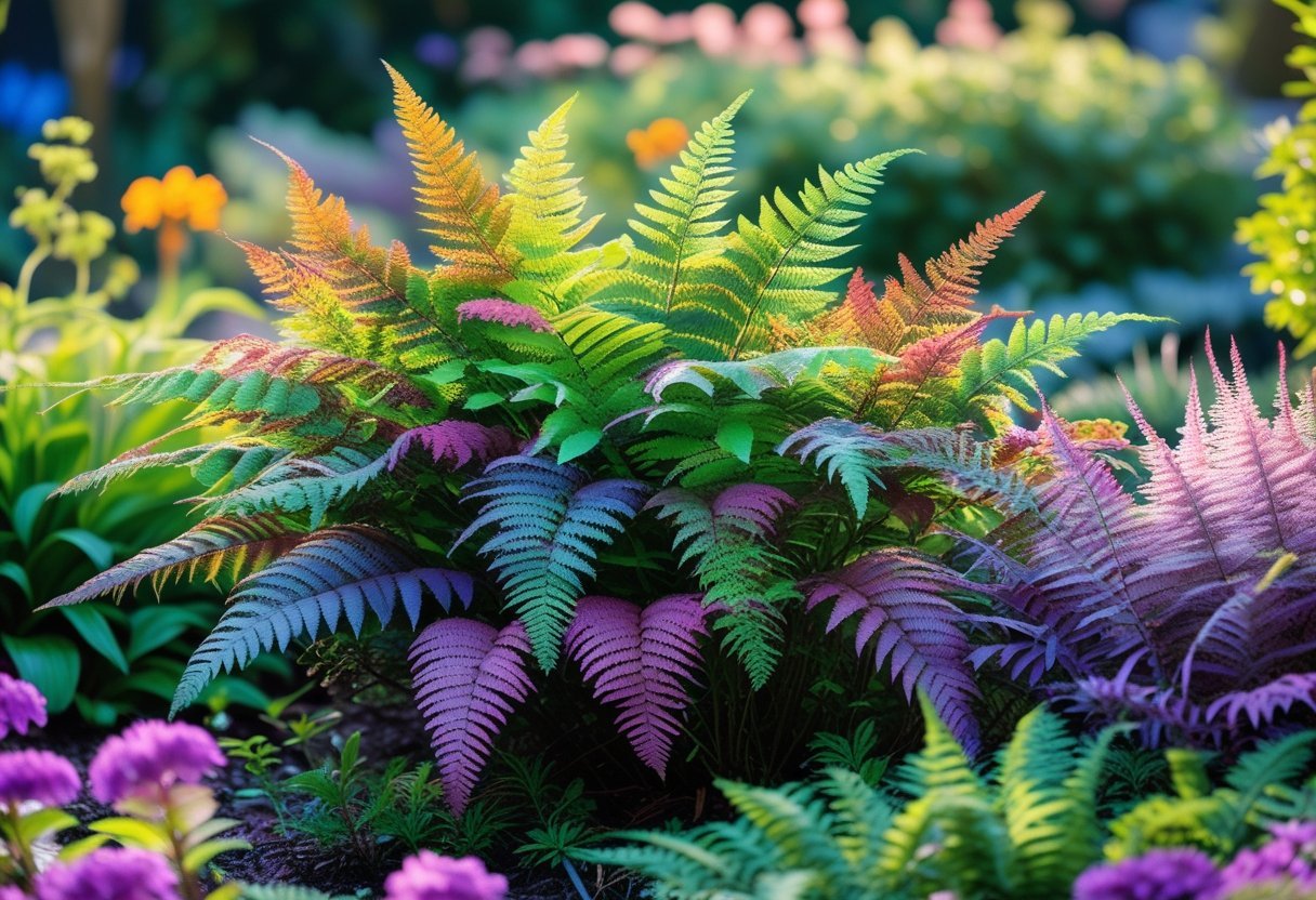 A vibrant garden with colorful painted ferns surrounded by other plants and flowers.