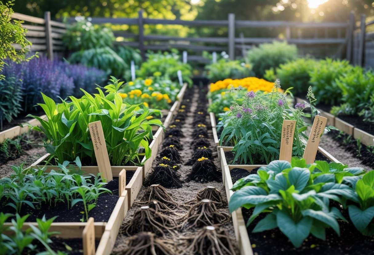 A garden with rows of healthy dye plants including indigo, madder, marigold, and woad under natural sunlight.