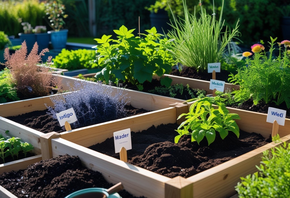 Raised wooden garden beds filled with various green dye herb plants growing outdoors under sunlight.