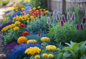 A colorful border garden with various flowering dye plants in full bloom under a clear sky.