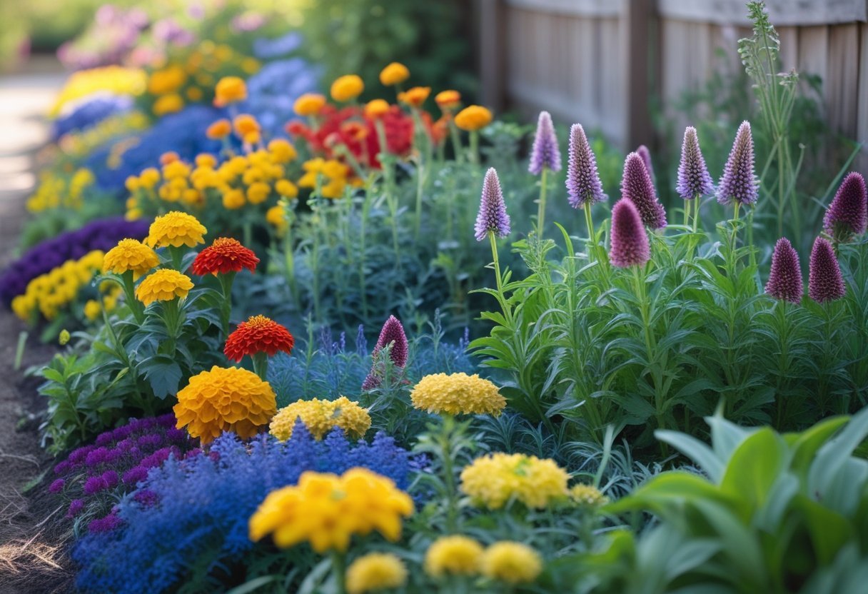 A colorful border garden with various flowering dye plants in full bloom under a clear sky.