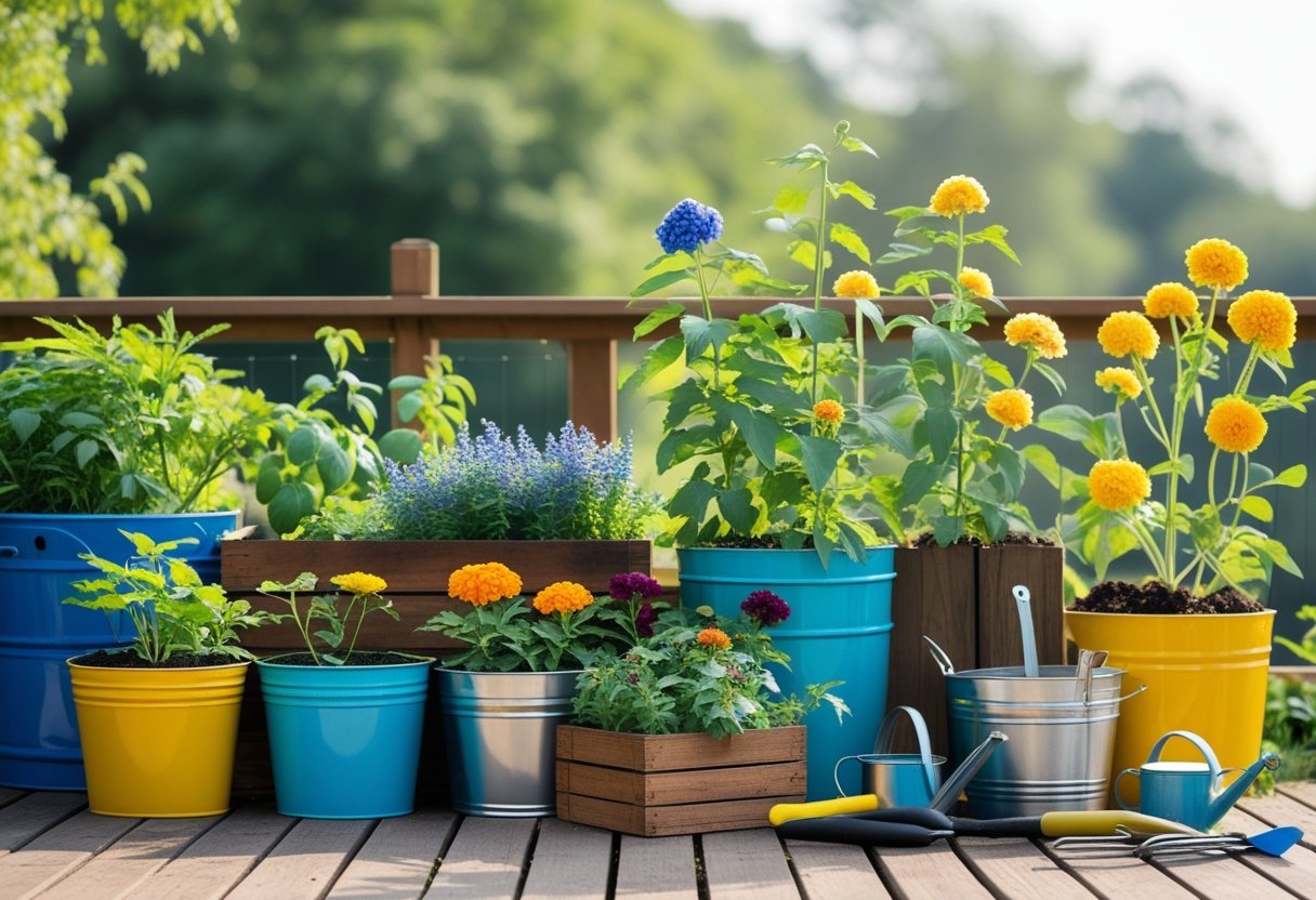 A variety of colorful containers filled with healthy dye plants arranged outdoors on a wooden deck with gardening tools nearby.