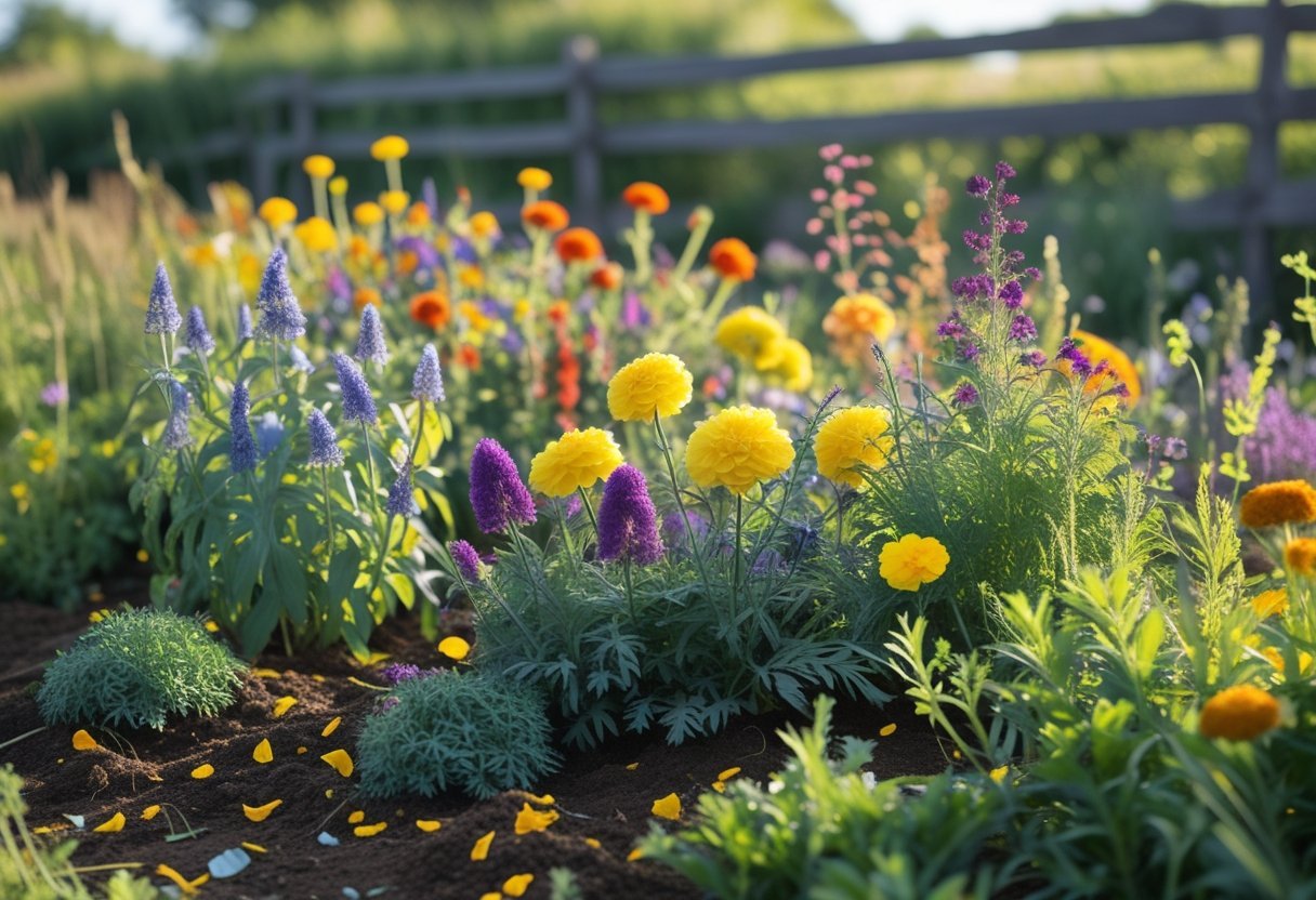 A sunlit wildflower patch with colorful dye plants blooming among green leaves in a garden setting.