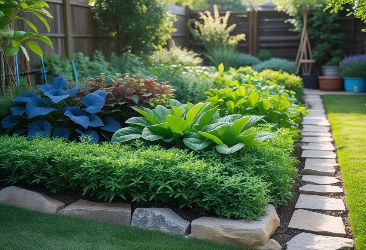 A backyard garden with a lush hedge made of various dye plants surrounded by a lawn and garden paths.