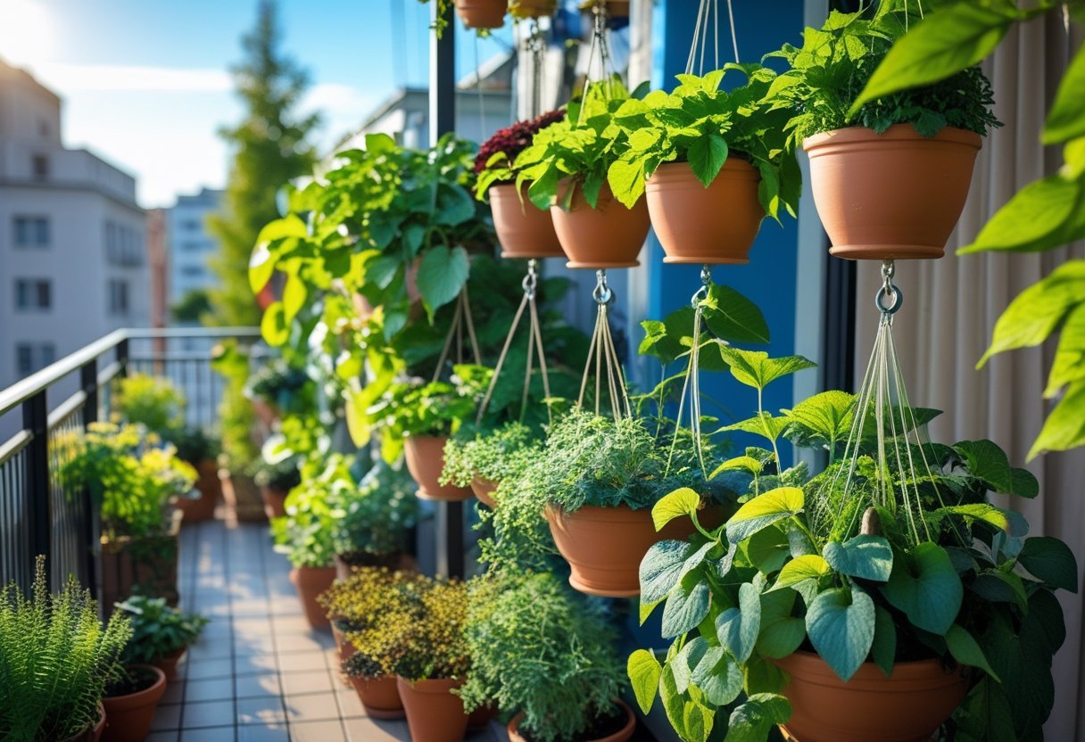 A balcony garden with hanging pots filled with various dye plants, showing green leaves and colorful foliage in a sunny outdoor setting.