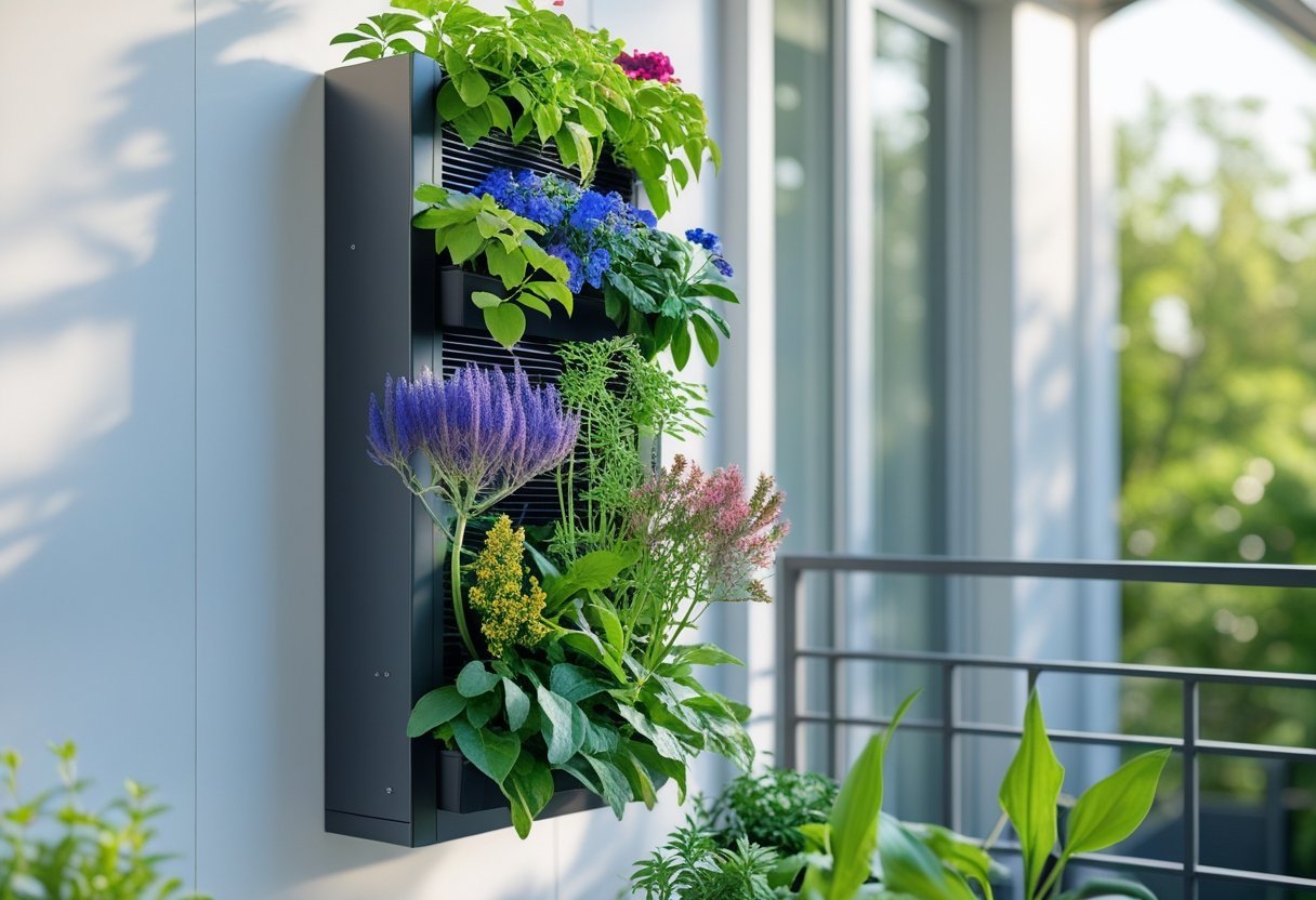 A vertical wall garden with various healthy dye plants growing in small pots on a bright wall in a compact outdoor space.
