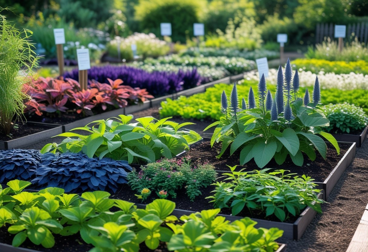 A garden displaying various native dye plants growing in neat beds with a wooden pathway winding through, under natural sunlight.