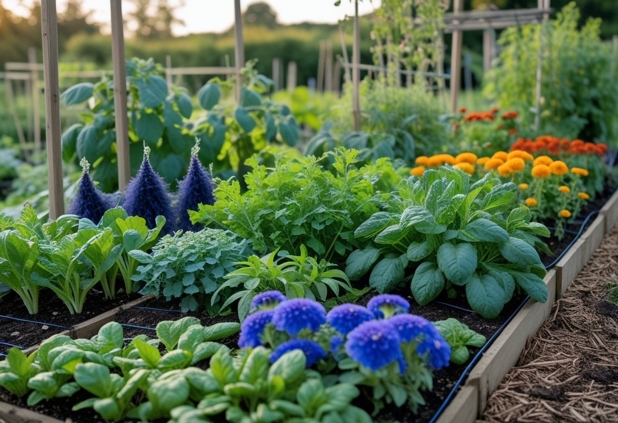 A garden bed with green vegetables growing alongside colorful dye plants including marigolds and indigo under natural sunlight.