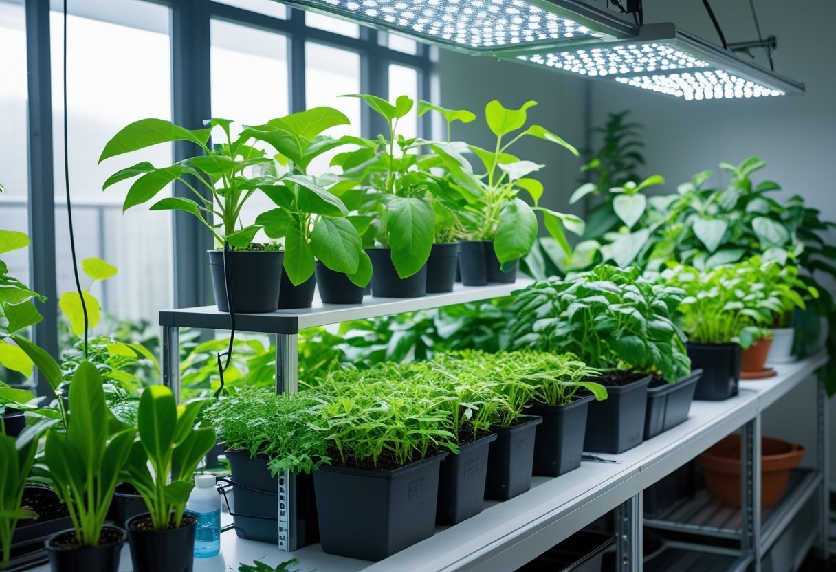 Indoor garden setup with dye plants growing under LED grow lights on shelves and tables.