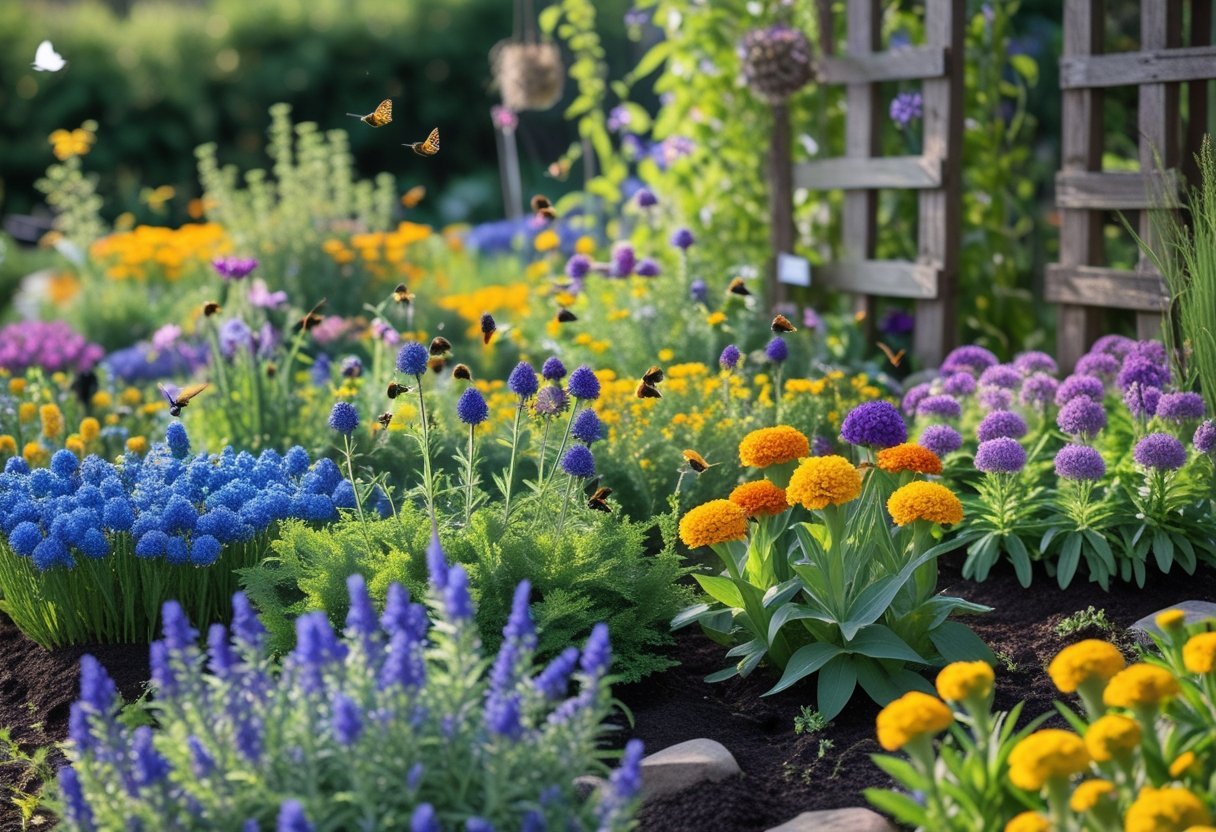 A colorful garden with blooming dye plants and pollinators like bees and butterflies visiting the flowers.