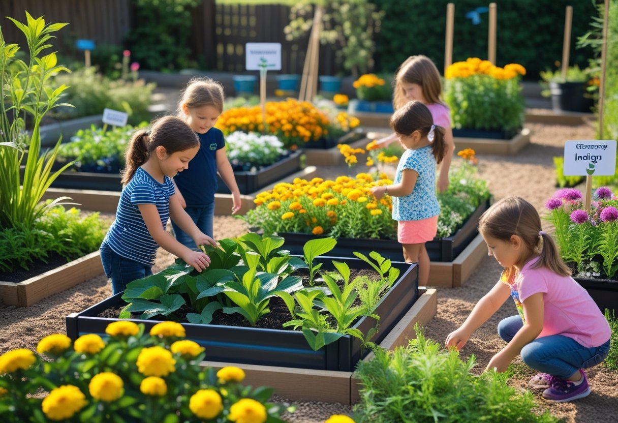 Children exploring a colorful garden with various touch-friendly dye plants in raised beds on a sunny day.