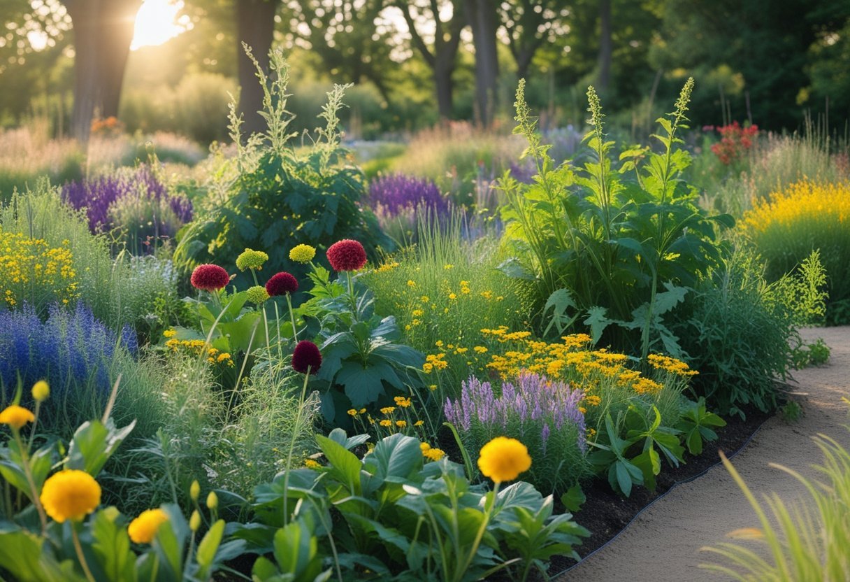 A sunlit garden with various colorful dye plants and wildflowers growing among grasses and trees in a natural meadow setting.
