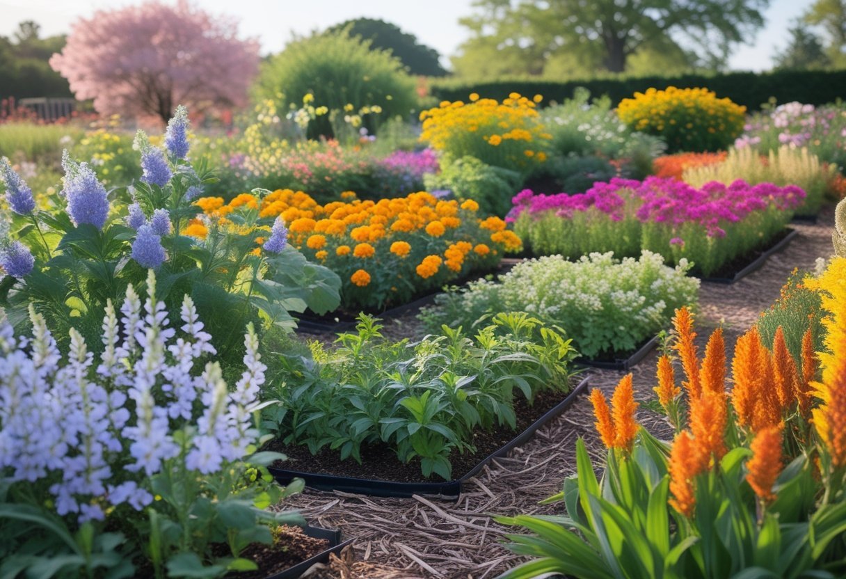 A colorful garden with sections of blooming dye plants representing spring, summer, and fall seasons.