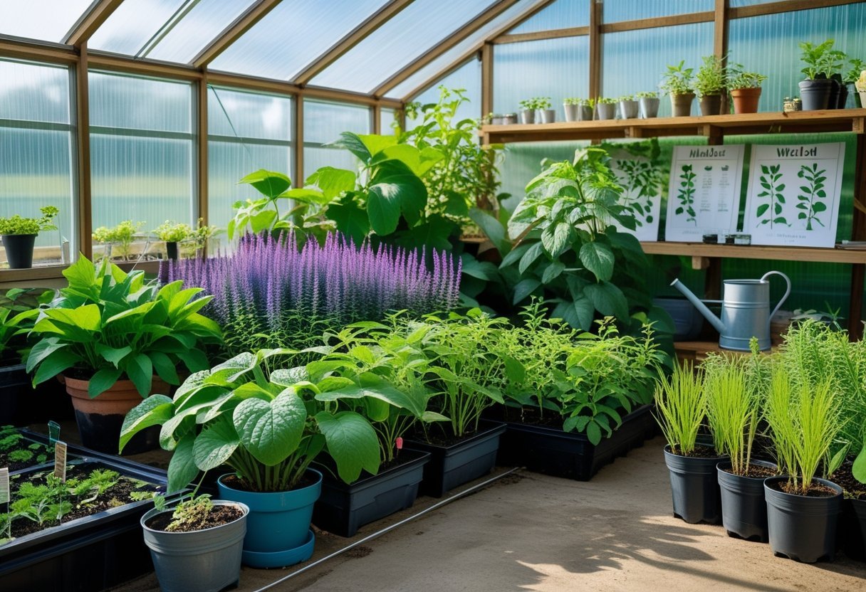 A greenhouse corner filled with various dye plants growing in pots and raised beds, bathed in natural sunlight.
