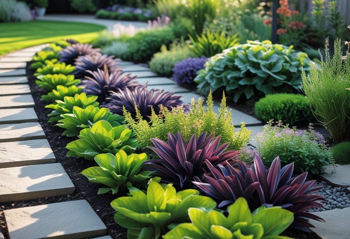 A garden pathway edged with low-growing dye plants featuring green and colorful foliage, surrounded by natural stone slabs and greenery.