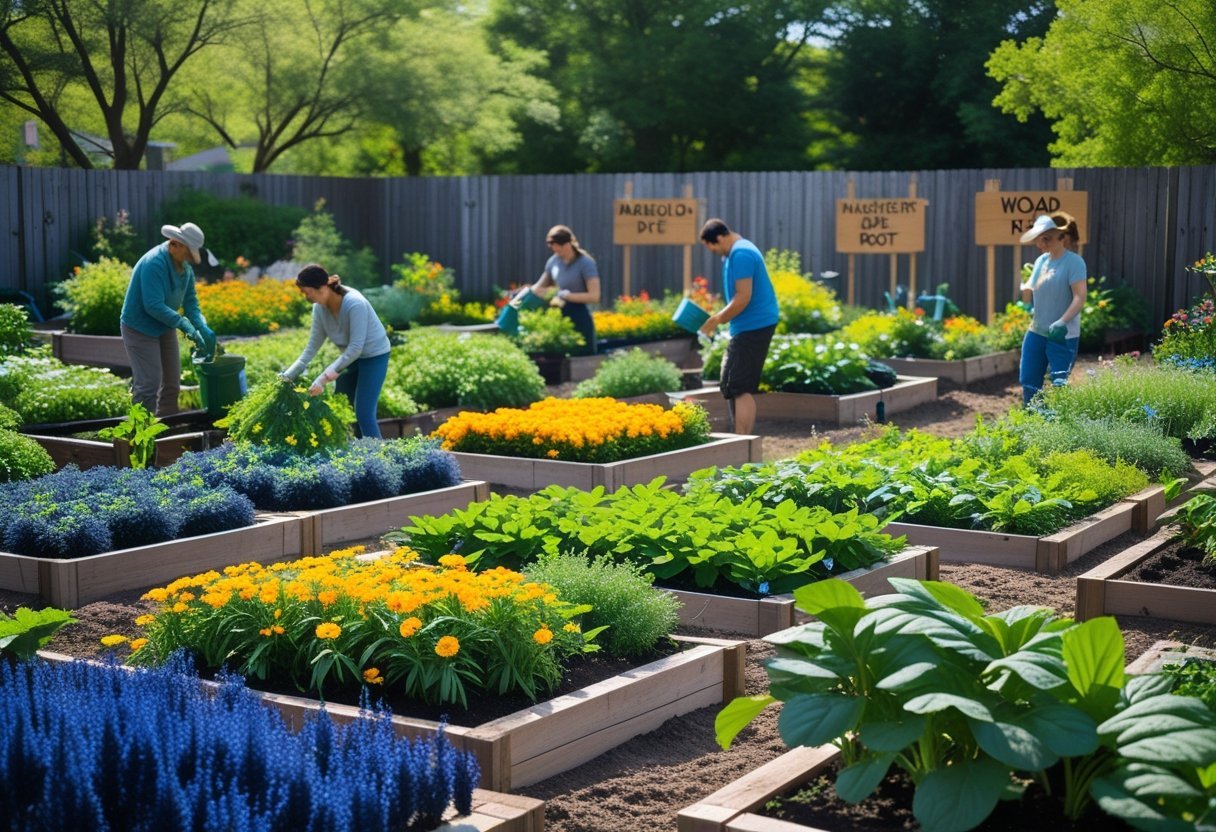 A community garden with multiple plots growing colorful dye plants and people tending to them under natural sunlight.