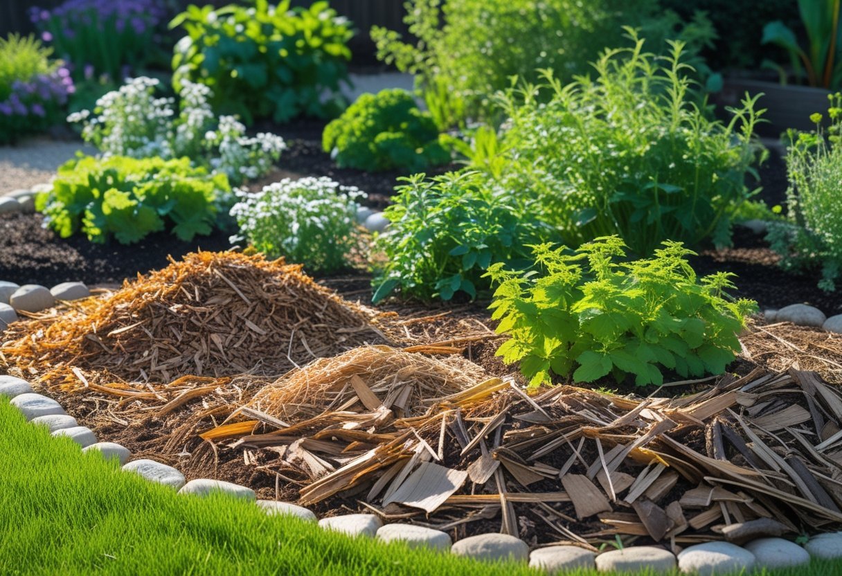 A natural garden bed with different types of mulch around green plants and flowering shrubs under sunlight.
