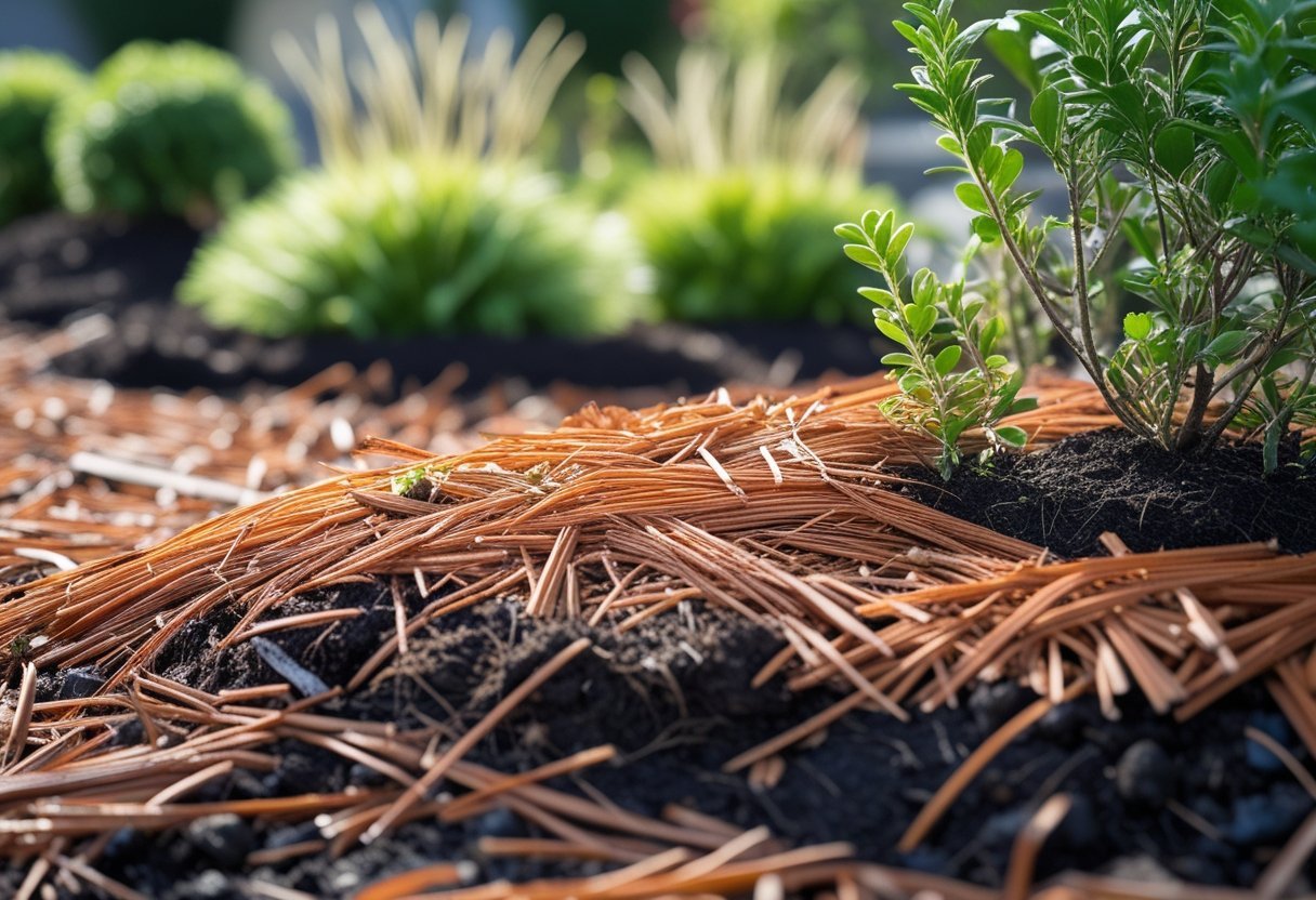Close-up of garden bed mulched with pine needles around green plants and shrubs.