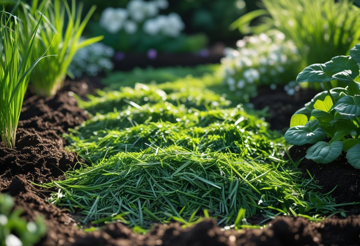 Close-up of a garden bed with fresh green grass clippings used as mulch around plants and soil.