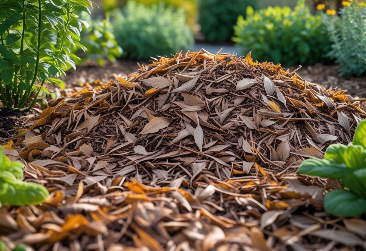 Close-up of shredded leaves used as mulch around green garden plants in a natural outdoor setting.