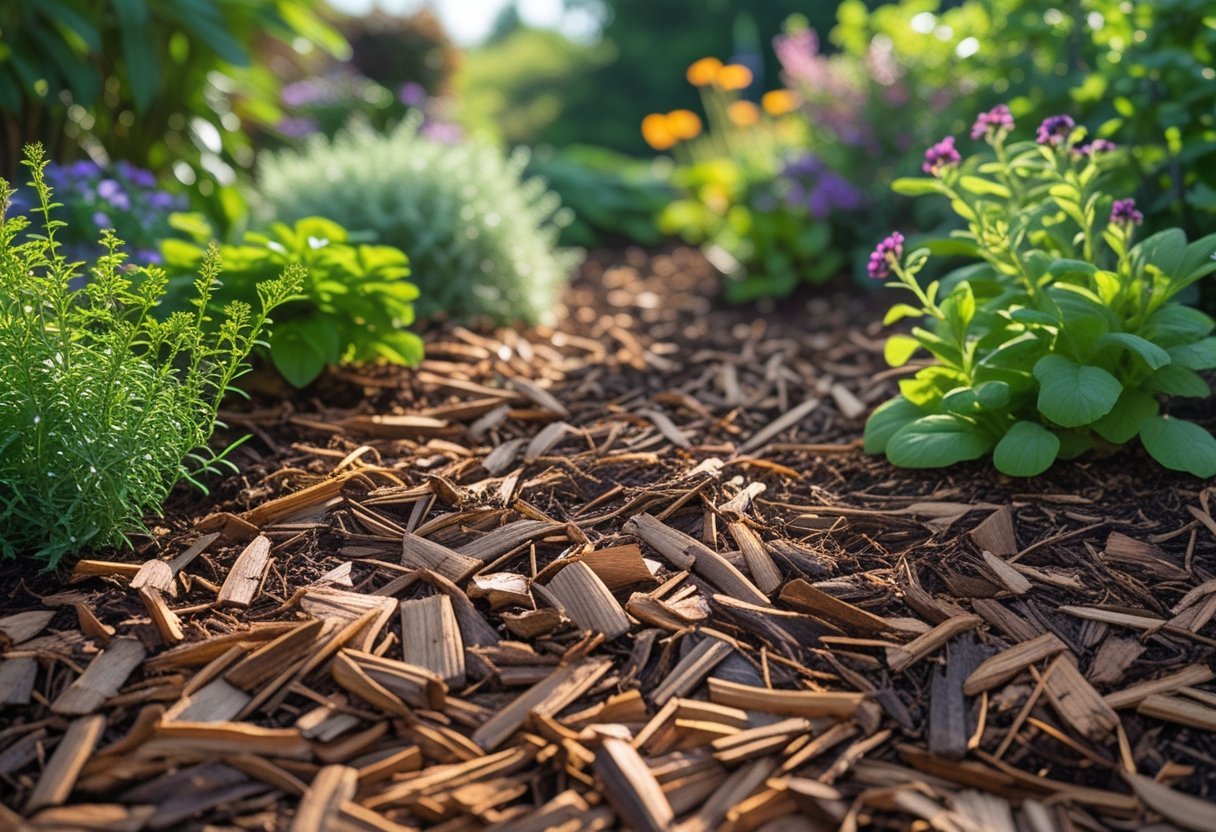 Close-up of natural wood chips used as mulch around green plants in a garden.