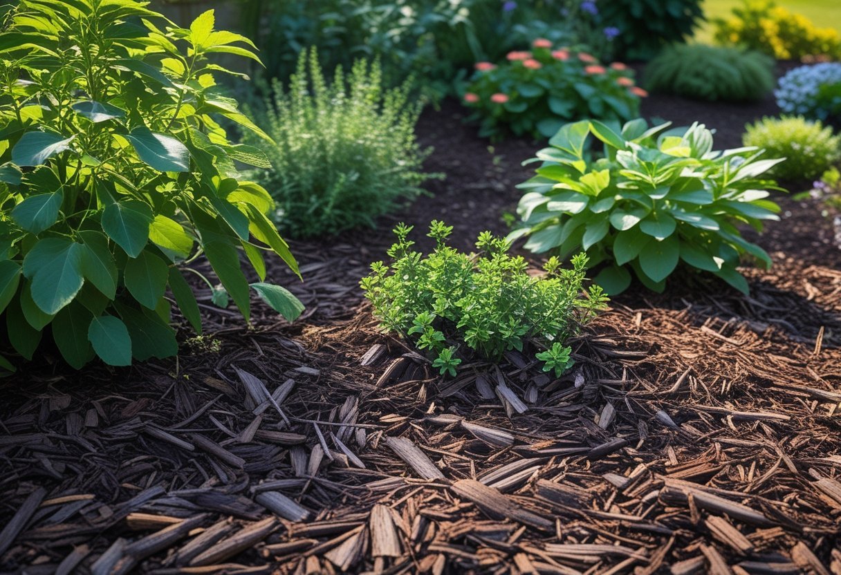 A garden bed with dark brown bark mulch around green plants and small shrubs under natural sunlight.