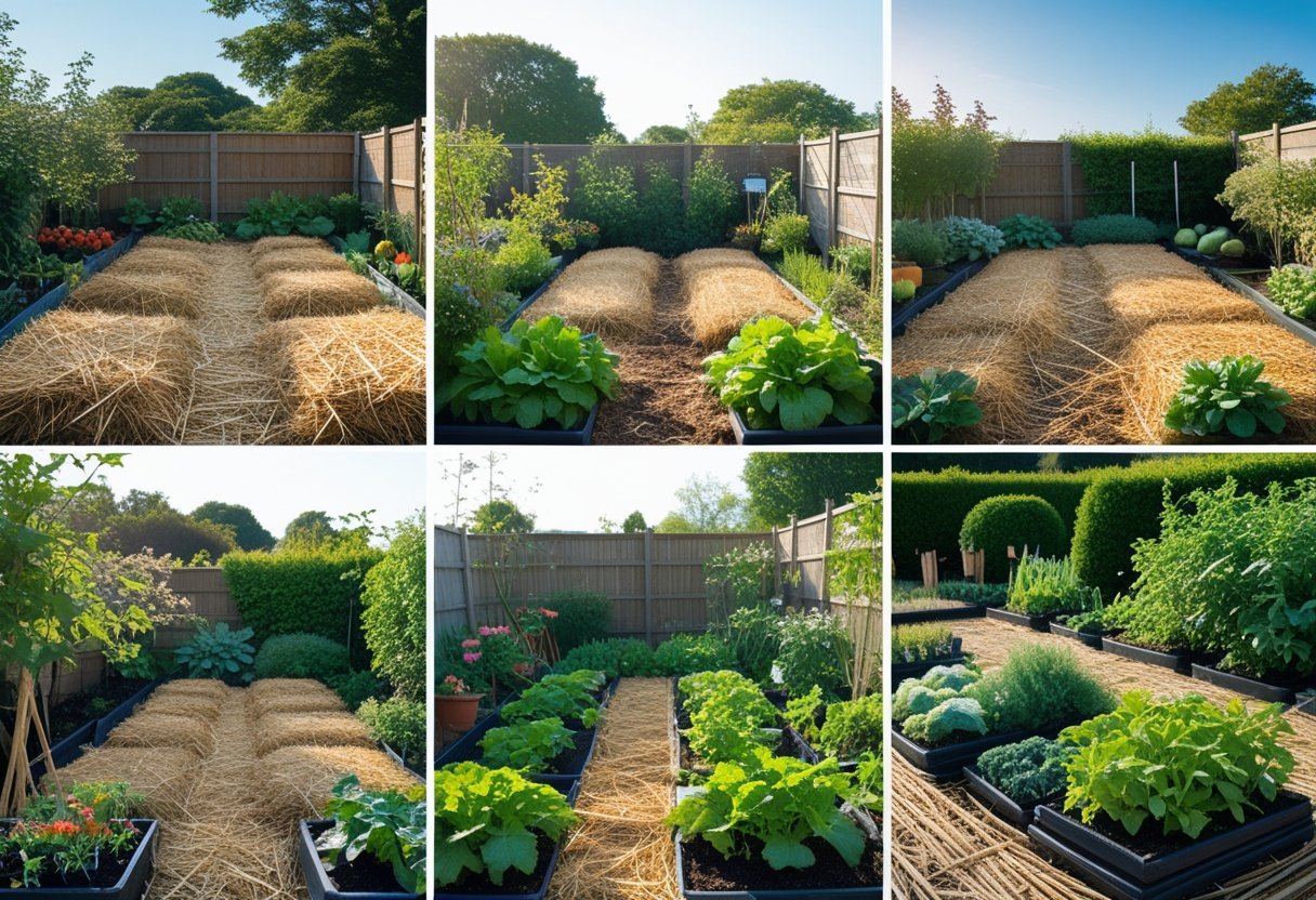 A garden with six different sections showing various ways straw or hay is used as mulch around plants.