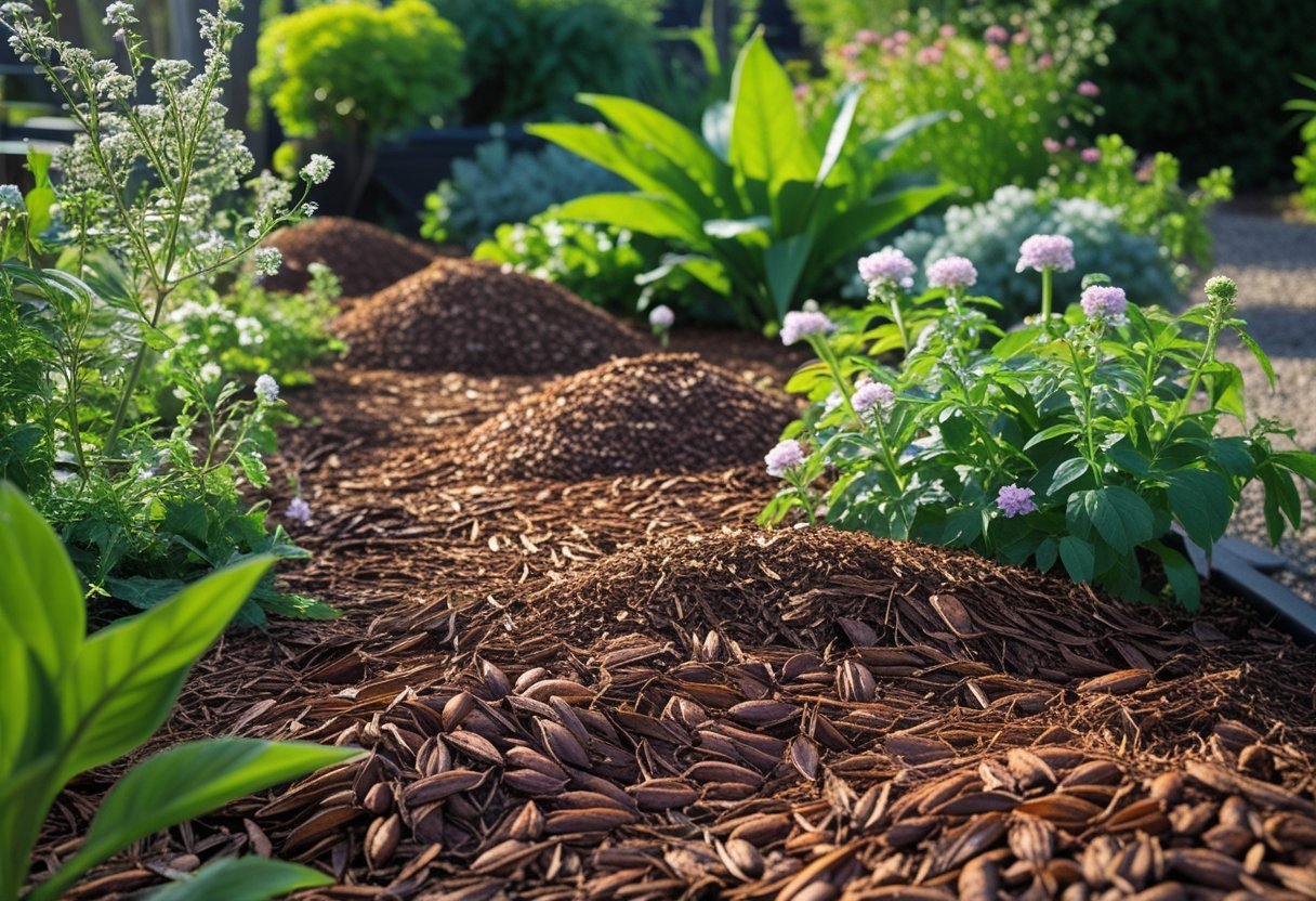 Close-up of cocoa hulls used as mulch around green plants in a garden.