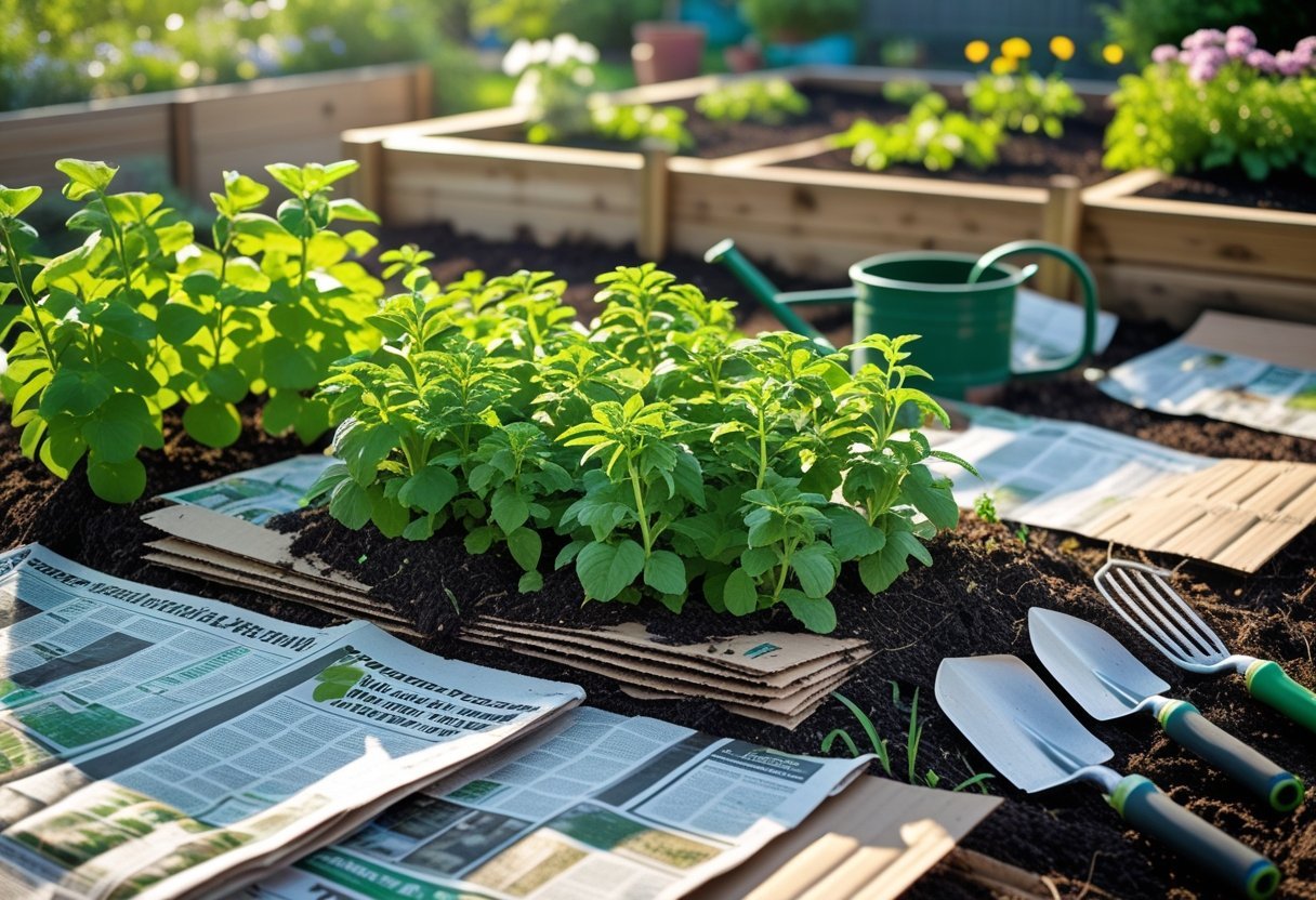 Garden bed mulched with newspaper and cardboard surrounded by green plants and gardening tools.