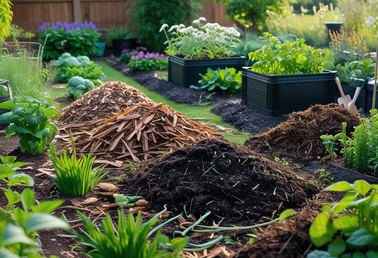 A garden with plants surrounded by various natural mulching materials and compost piles, showing a sustainable gardening setup.
