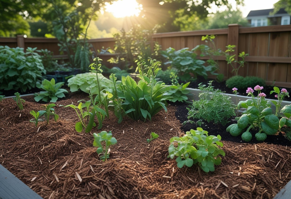 A garden bed with sawdust mulch spread around green plants and small flowers under soft sunlight.
