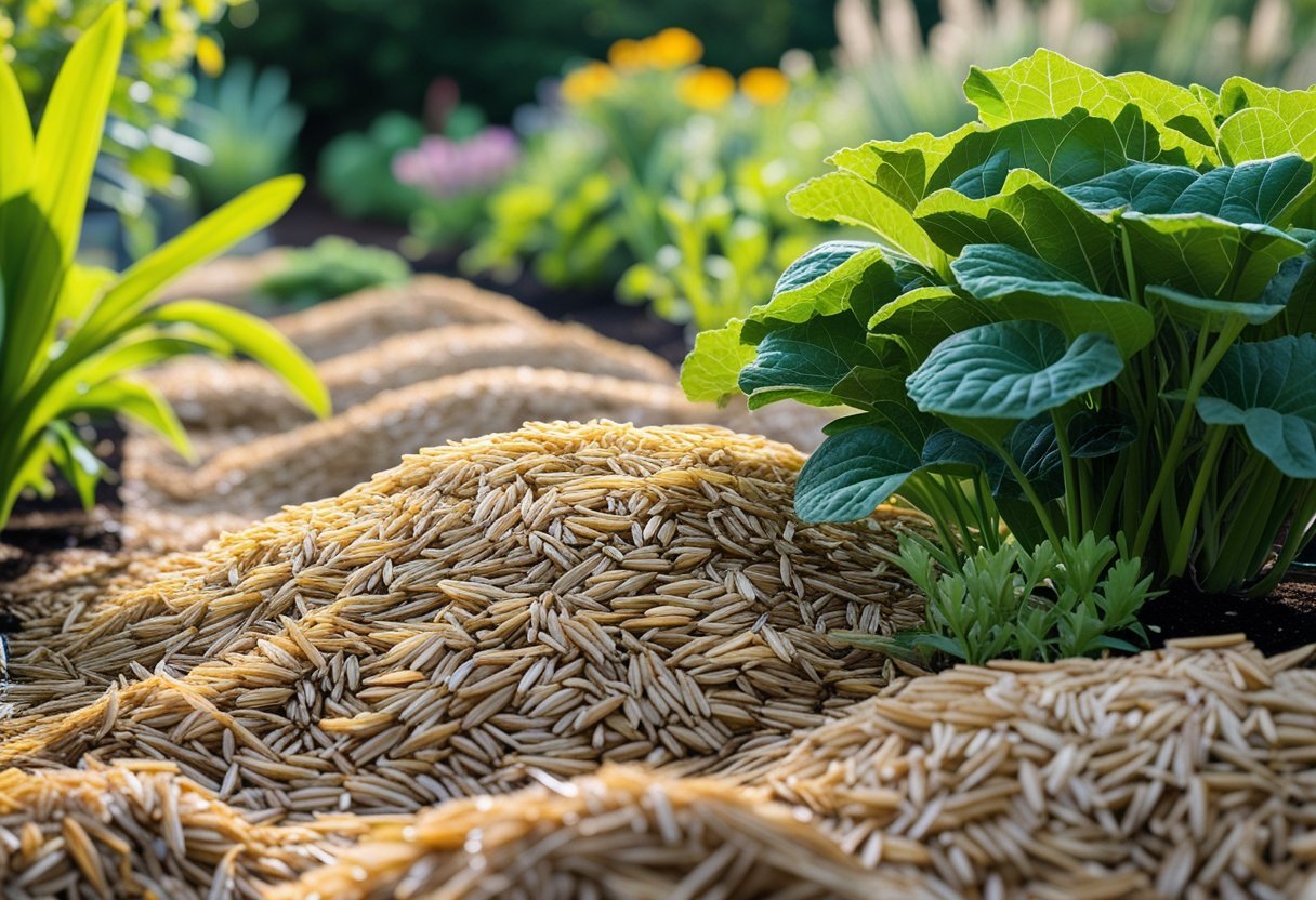 Close-up of a garden bed with green plants mulched with light brown rice husks covering the soil.