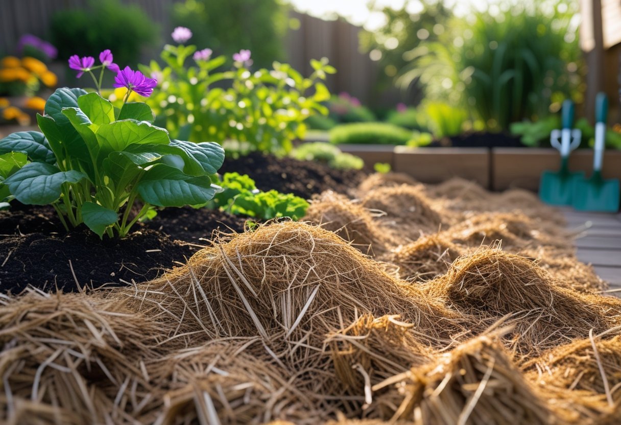 A garden bed mulched with coconut coir surrounded by green plants and flowers under natural sunlight.