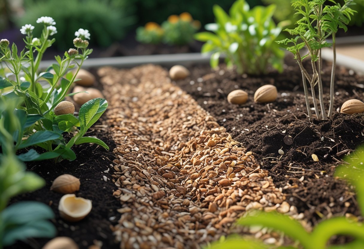 Close-up of a garden bed mulched with crushed nutshells around green plants and small shrubs.