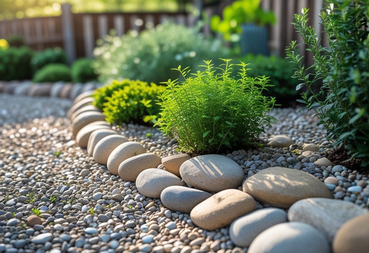 A garden bed mulched with natural pebbles surrounding green plants and shrubs under soft sunlight.