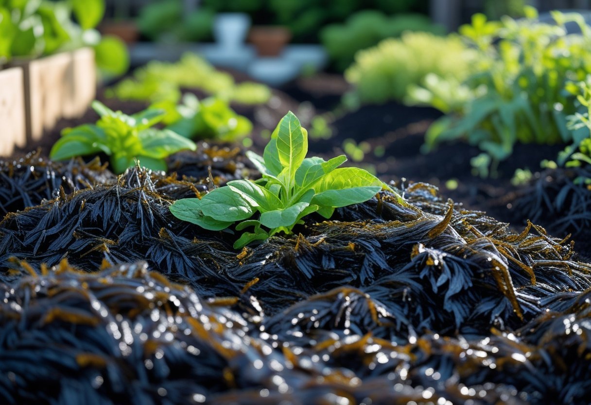 A garden bed with green plants growing through a layer of dark seaweed mulch covering the soil.