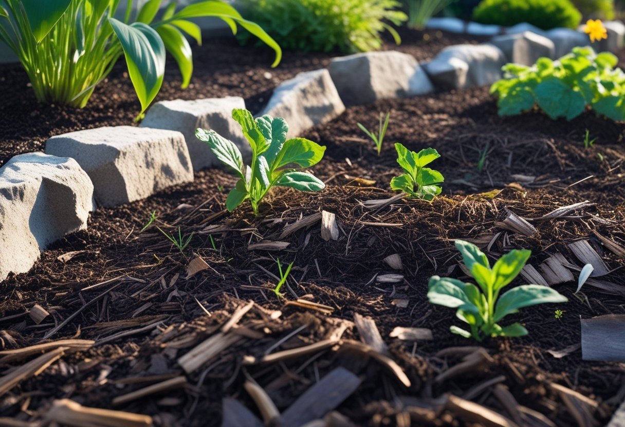 A garden bed covered with organic mulch and natural stone edging, surrounded by healthy green plants and flowers, with no visible weeds.