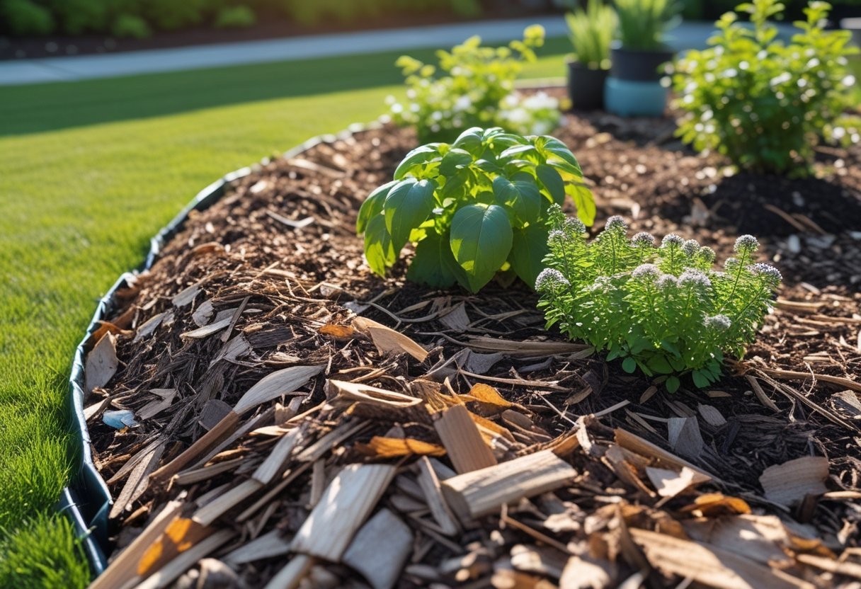 Close-up of a garden bed covered with natural mulch around green plants, showing an effective weed barrier.