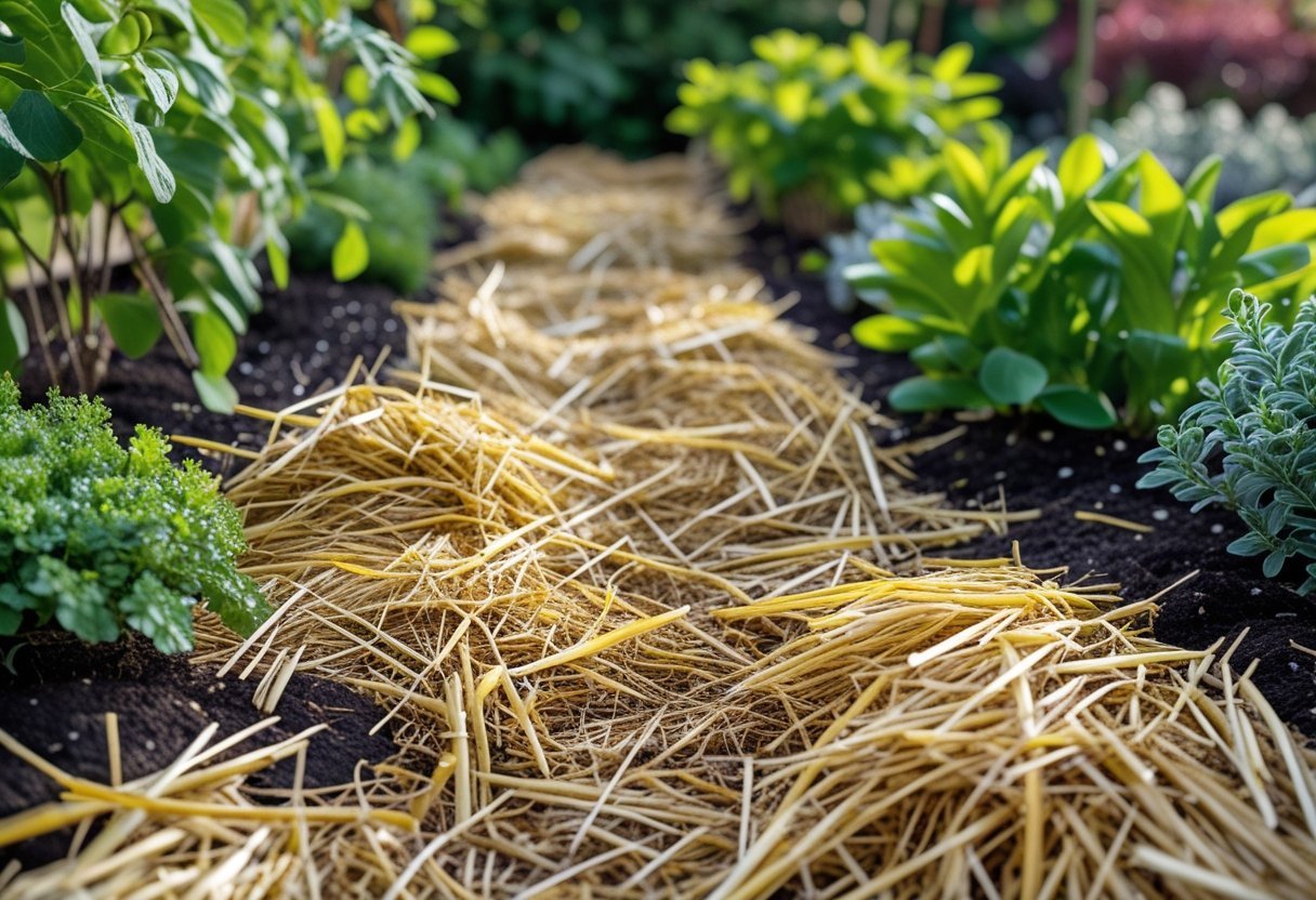 Close-up of straw mulch covering soil around green plants in a garden bed.