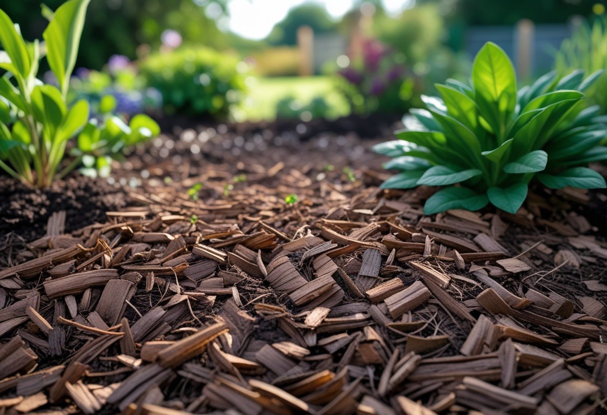 Close-up of wood chips spread over soil around green plants in a garden, serving as a natural weed barrier.