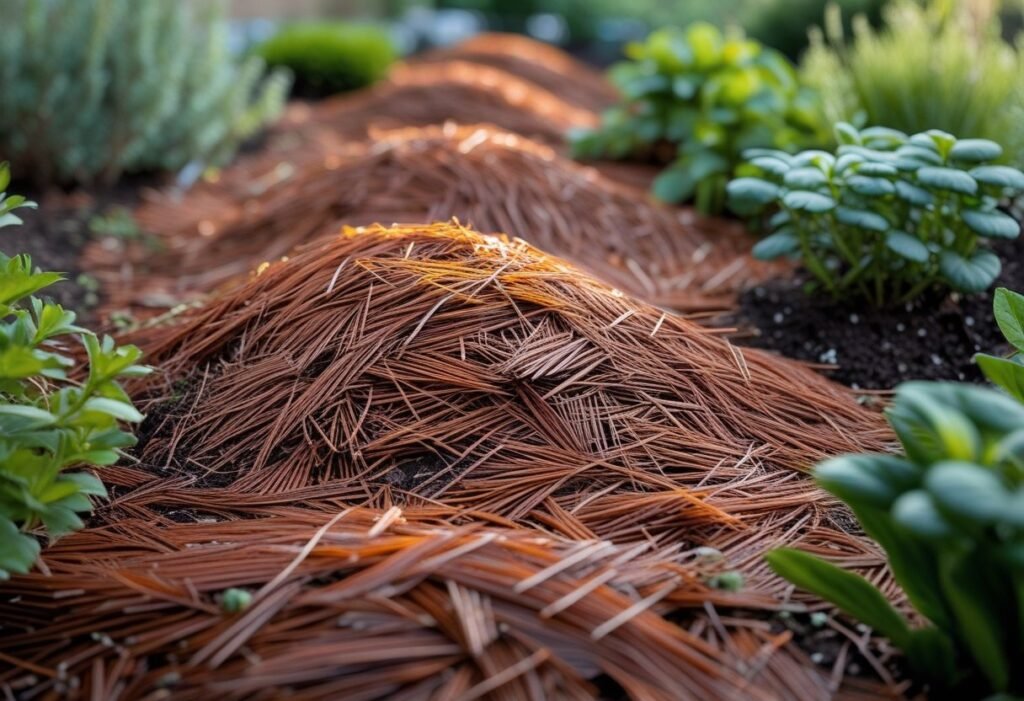 Close-up of a garden bed covered with pine needles used as a natural weed barrier, surrounded by green plants and shrubs.