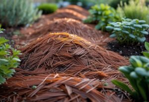 Close-up of a garden bed covered with pine needles used as a natural weed barrier, surrounded by green plants and shrubs.