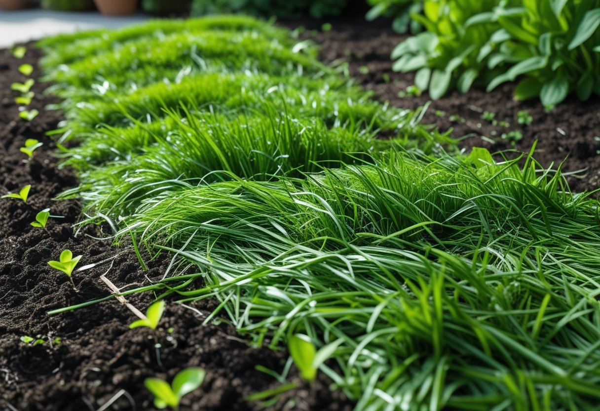 Close-up of fresh green grass clippings spread over soil in a garden bed with small plants growing through.
