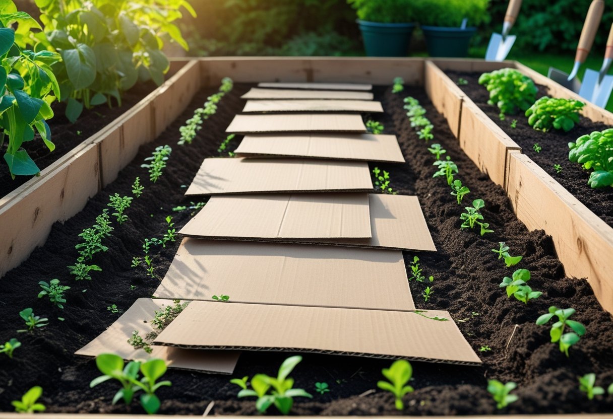 A garden bed with cardboard sheets laid on soil as a natural weed barrier, surrounded by small green plants and gardening tools.