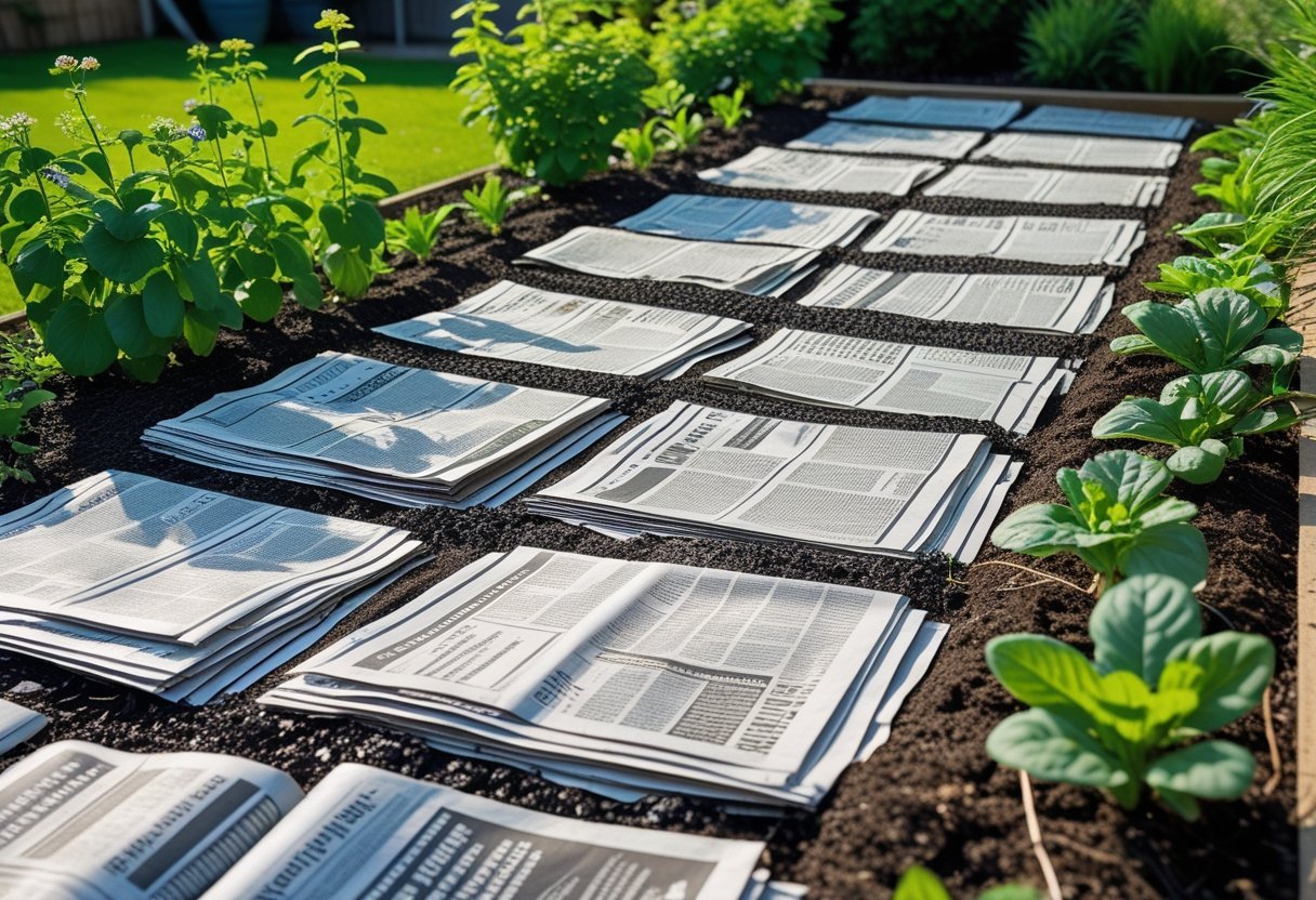 A garden bed with newspaper sheets laid down as a natural weed barrier, surrounded by green plants and soil.